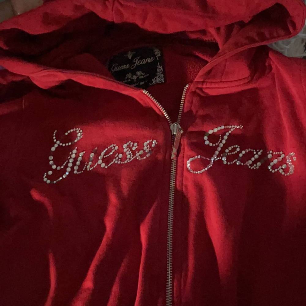 Red Bling Logo Guess Zip Up Hoodie